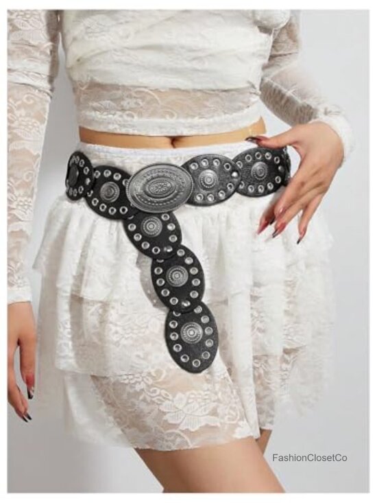 Vintage Cowgirl Boho Western Oval Waist Belt Hollow Out Studded Retro Belt